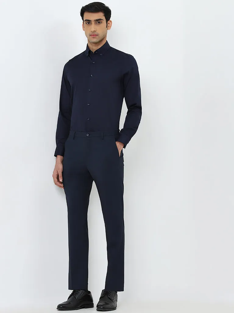 WES Formals Navy Solid Slim-Fit Cotton Blend Shirt