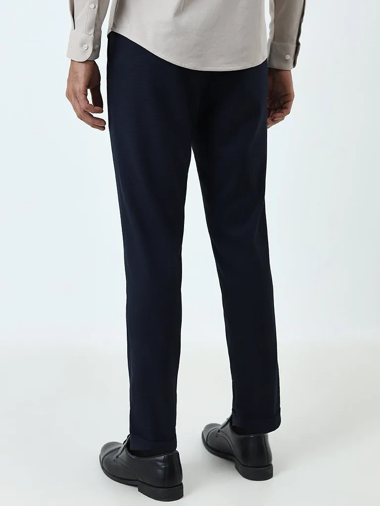 WES Formals Navy Ultra Slim-Fit Mid-Rise Trousers