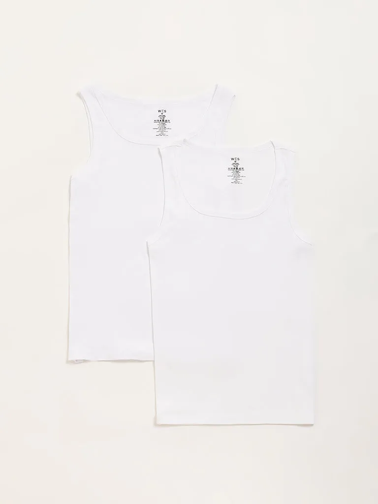 WES Lounge White Ribbed Cotton Vests - Pack of 2