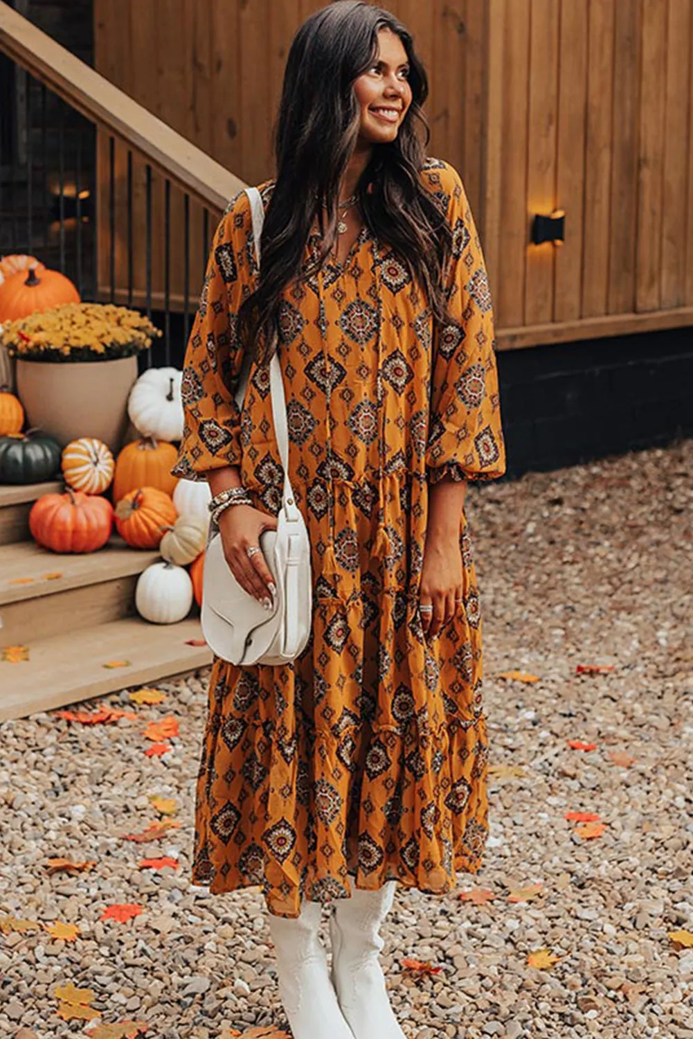 Western Geometric Orange Spice Tiered Midi Dress