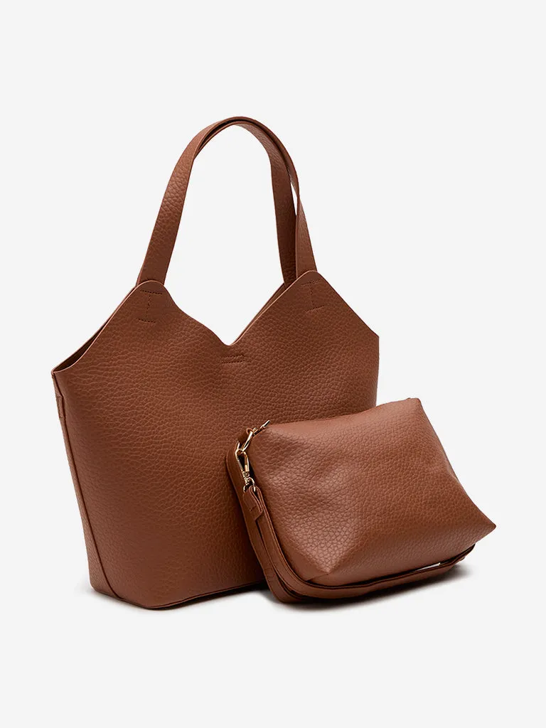 Westside Brown Textured Tote Bag with a Pouch