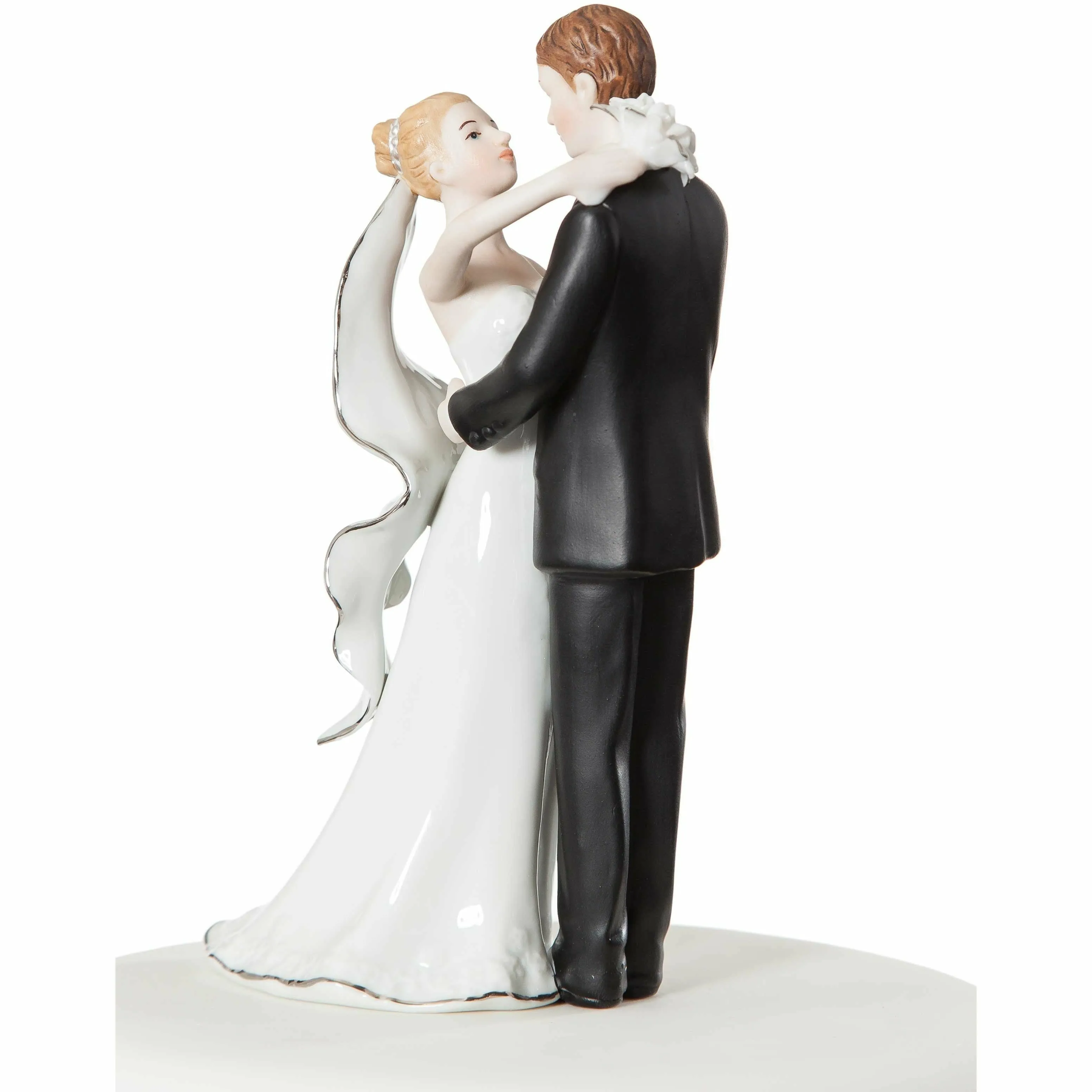 White and Silver Porcelain Bride and Groom Wedding Cake Topper Figurine