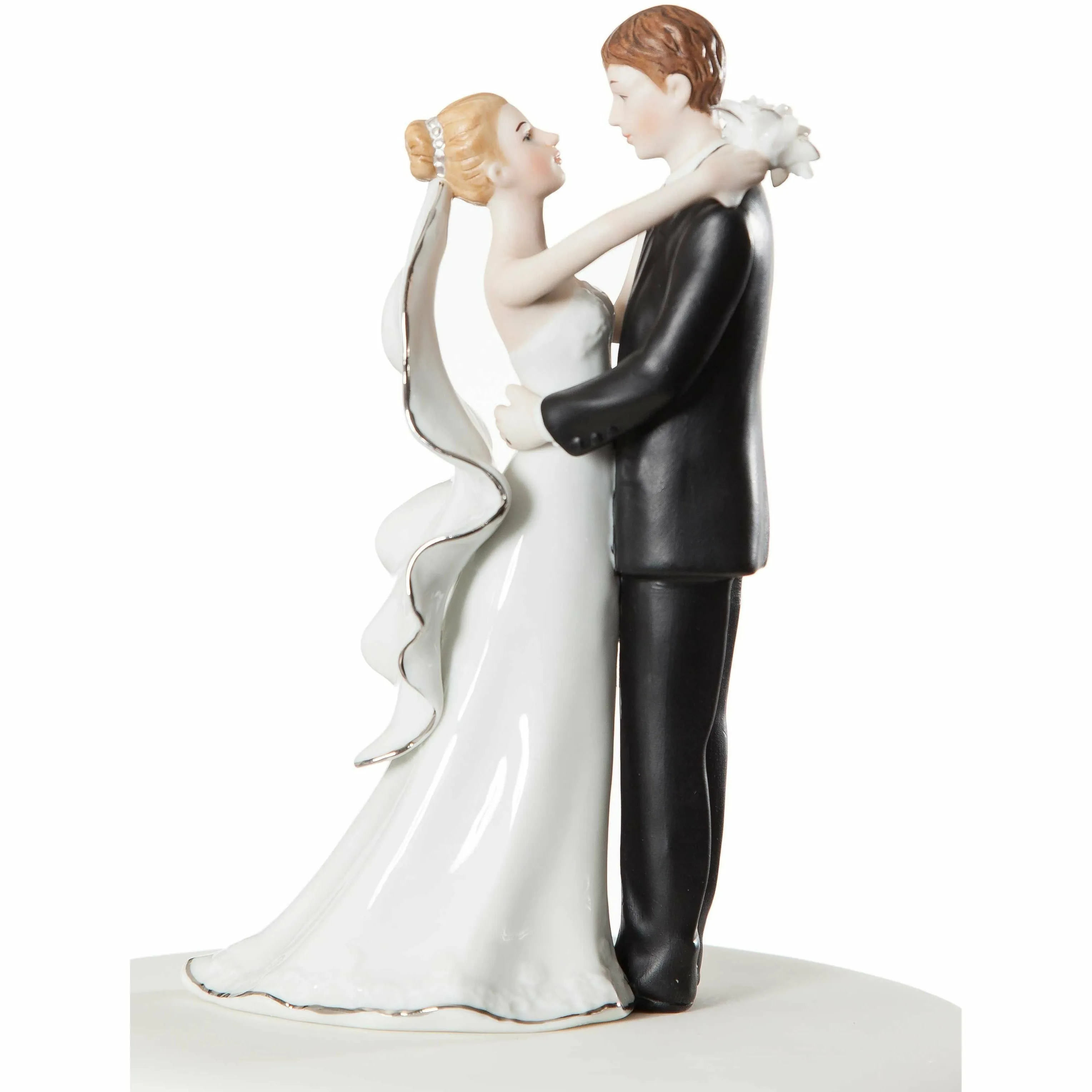 White and Silver Porcelain Bride and Groom Wedding Cake Topper Figurine