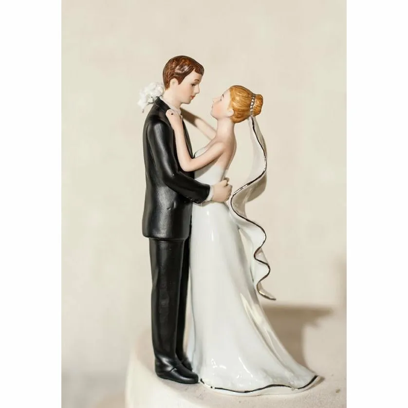 White and Silver Porcelain Bride and Groom Wedding Cake Topper Figurine