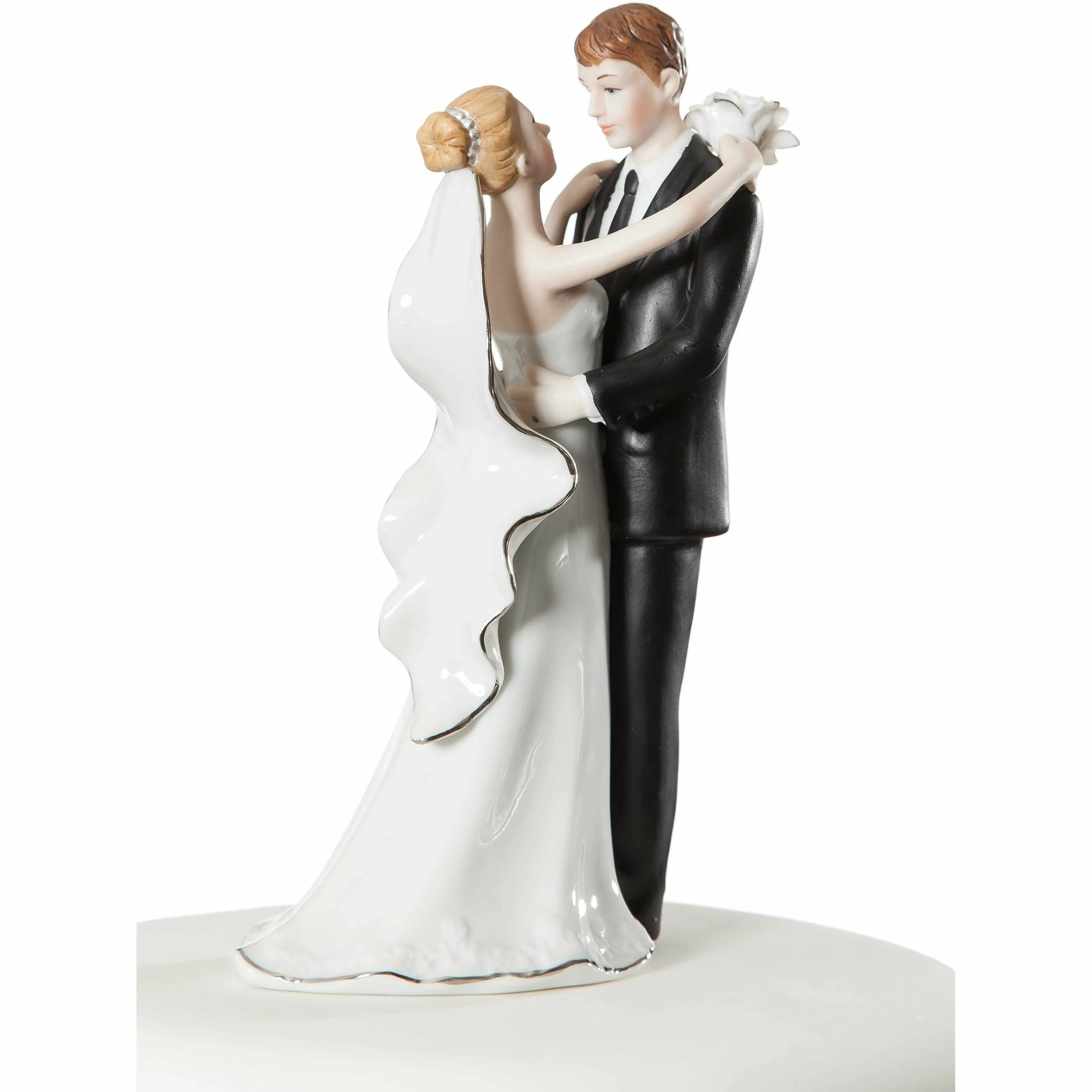 White and Silver Porcelain Bride and Groom Wedding Cake Topper Figurine