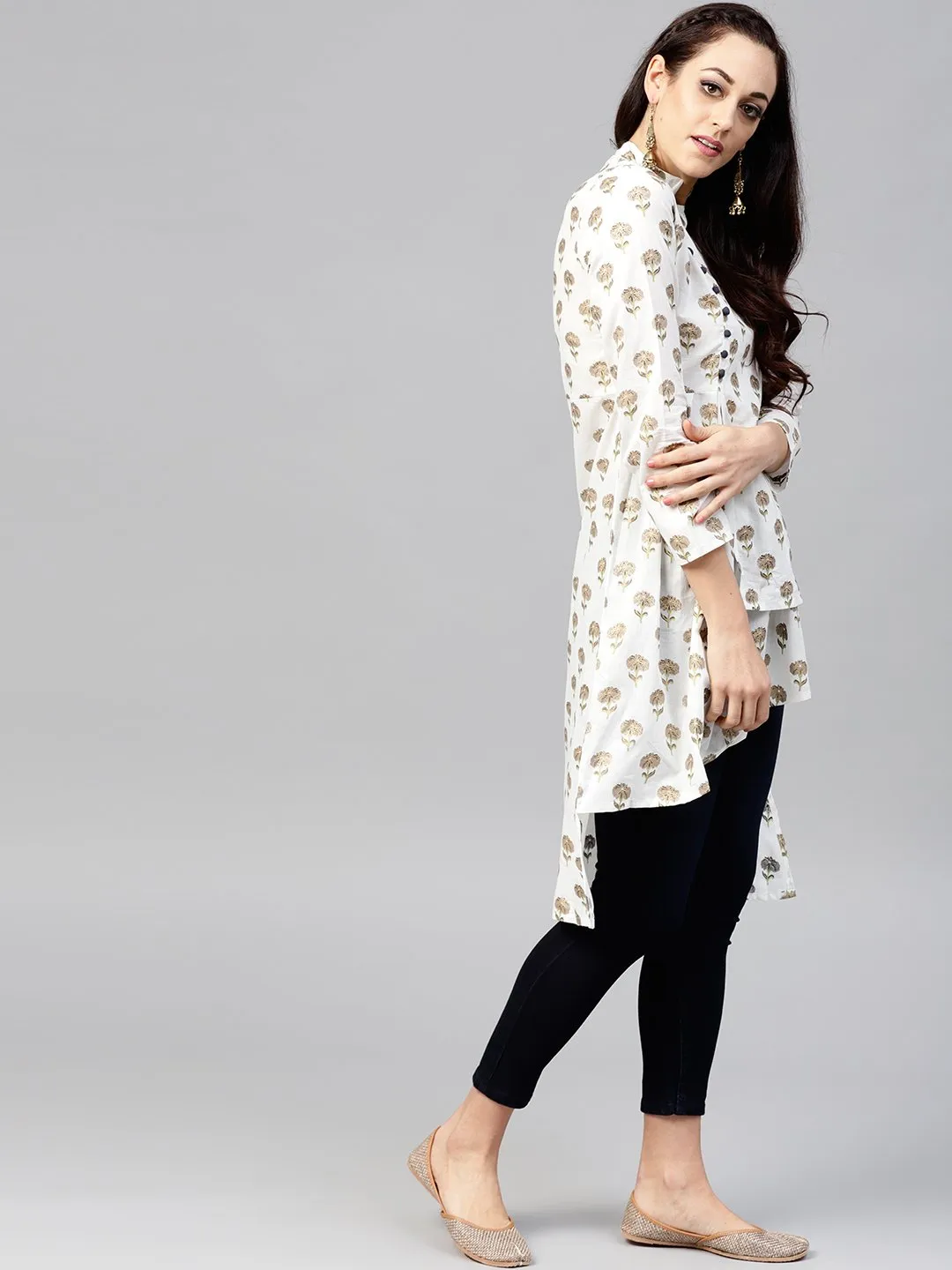 White Asymetric Printed Tunic With Madarin Collar And 3/4 Sleeves