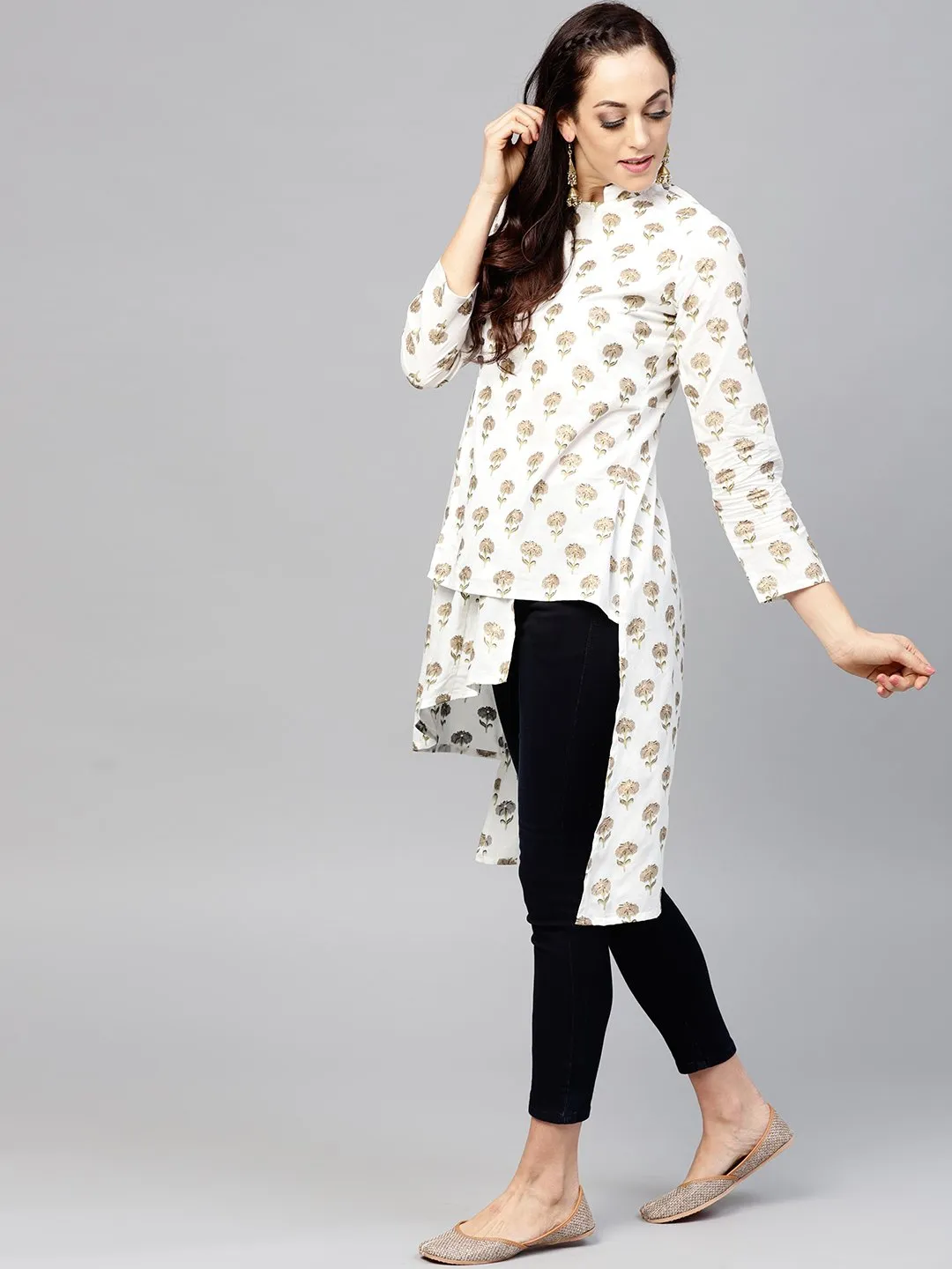 White Asymetric Printed Tunic With Madarin Collar And 3/4 Sleeves