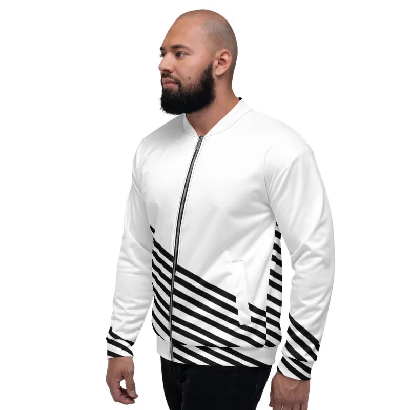 White Black Striped Bomber Jacket, Modern Unisex Fit Jacket For Men/Women-Made in EU