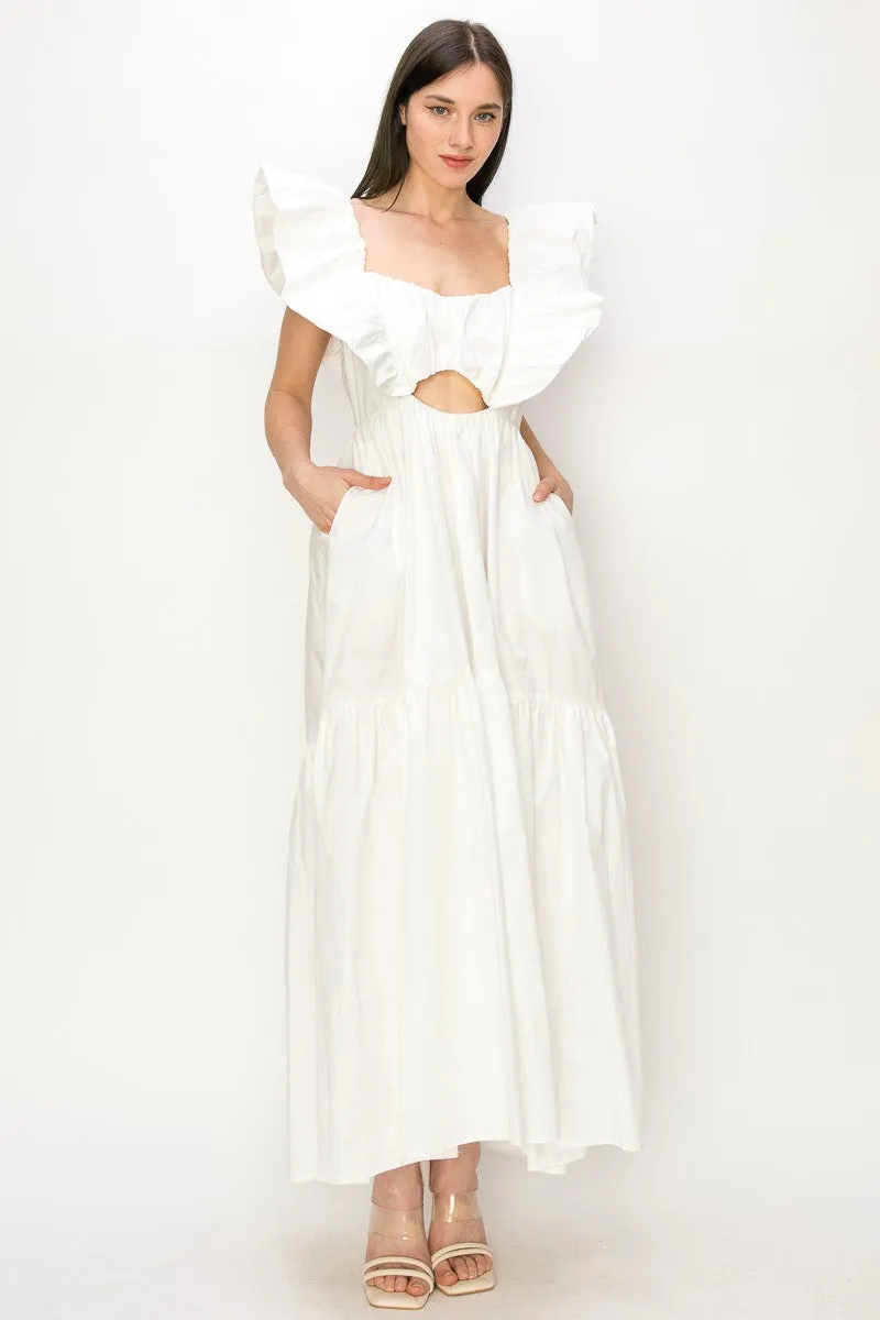 White Cotton Ruffle Shoulder Tiered Sleeve Maxi Dress