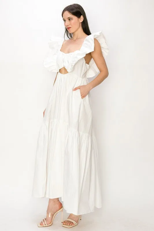 White Cotton Ruffle Shoulder Tiered Sleeve Maxi Dress