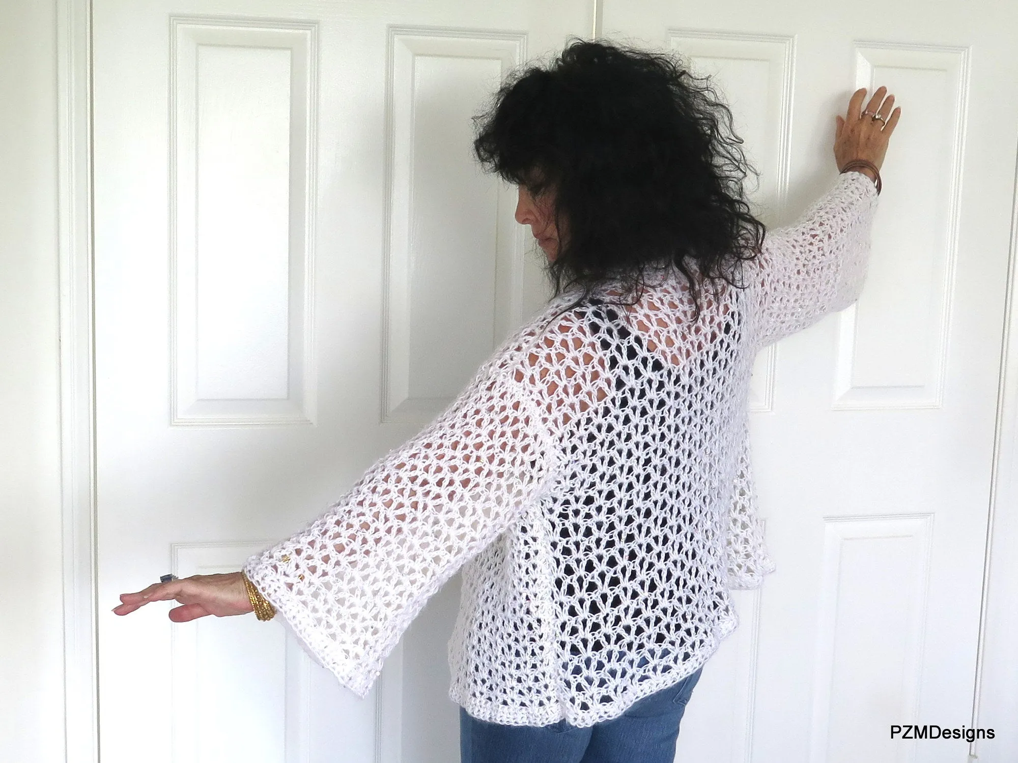 White Crochet Plus Size Sweater with Sequins, Gift for her