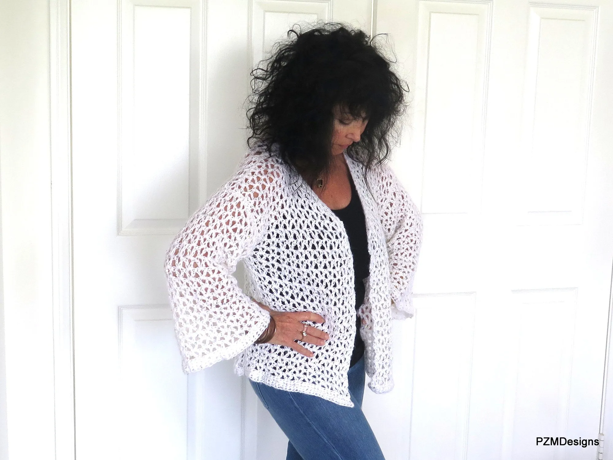 White Crochet Plus Size Sweater with Sequins, Gift for her