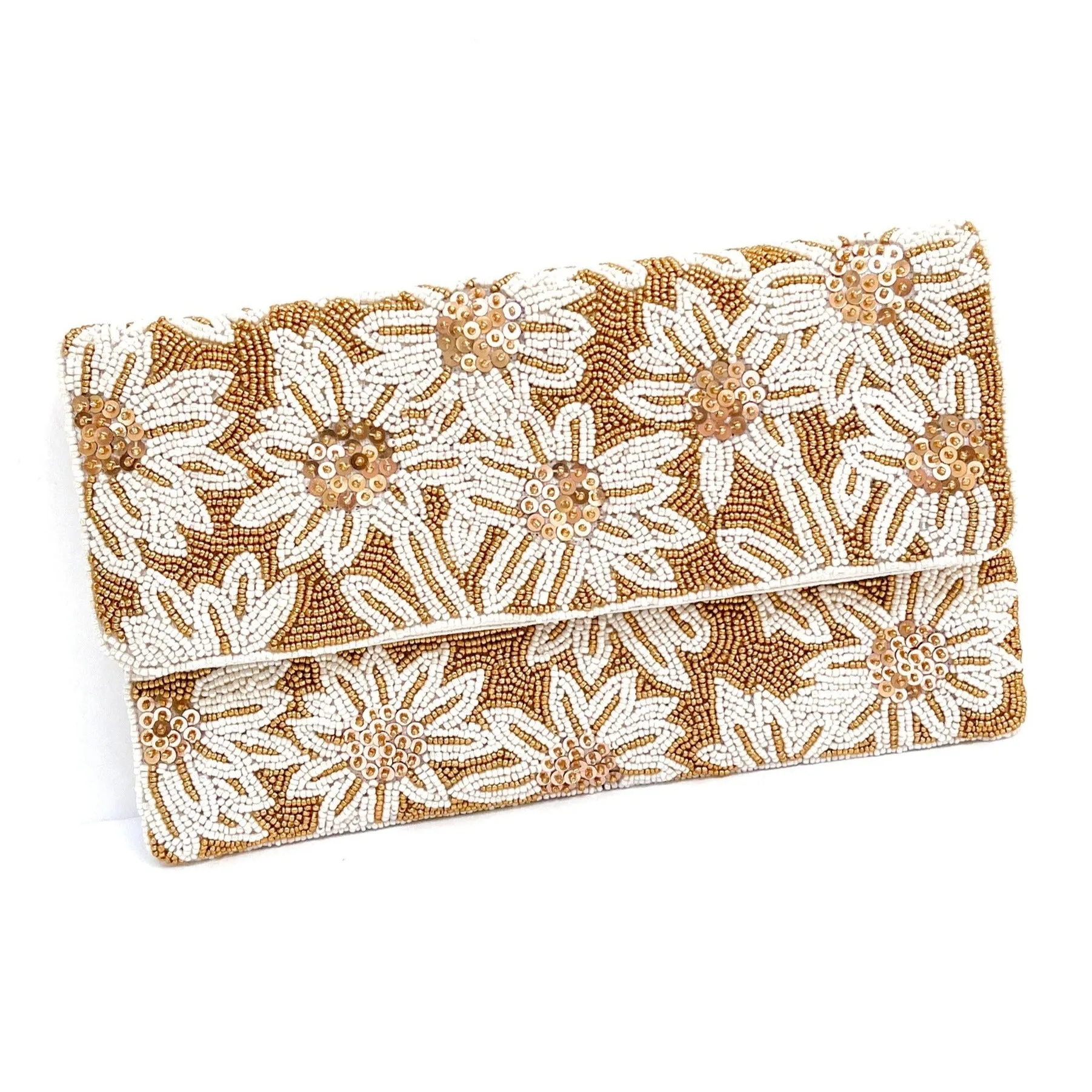 White Flowers Beaded Clutch Purse