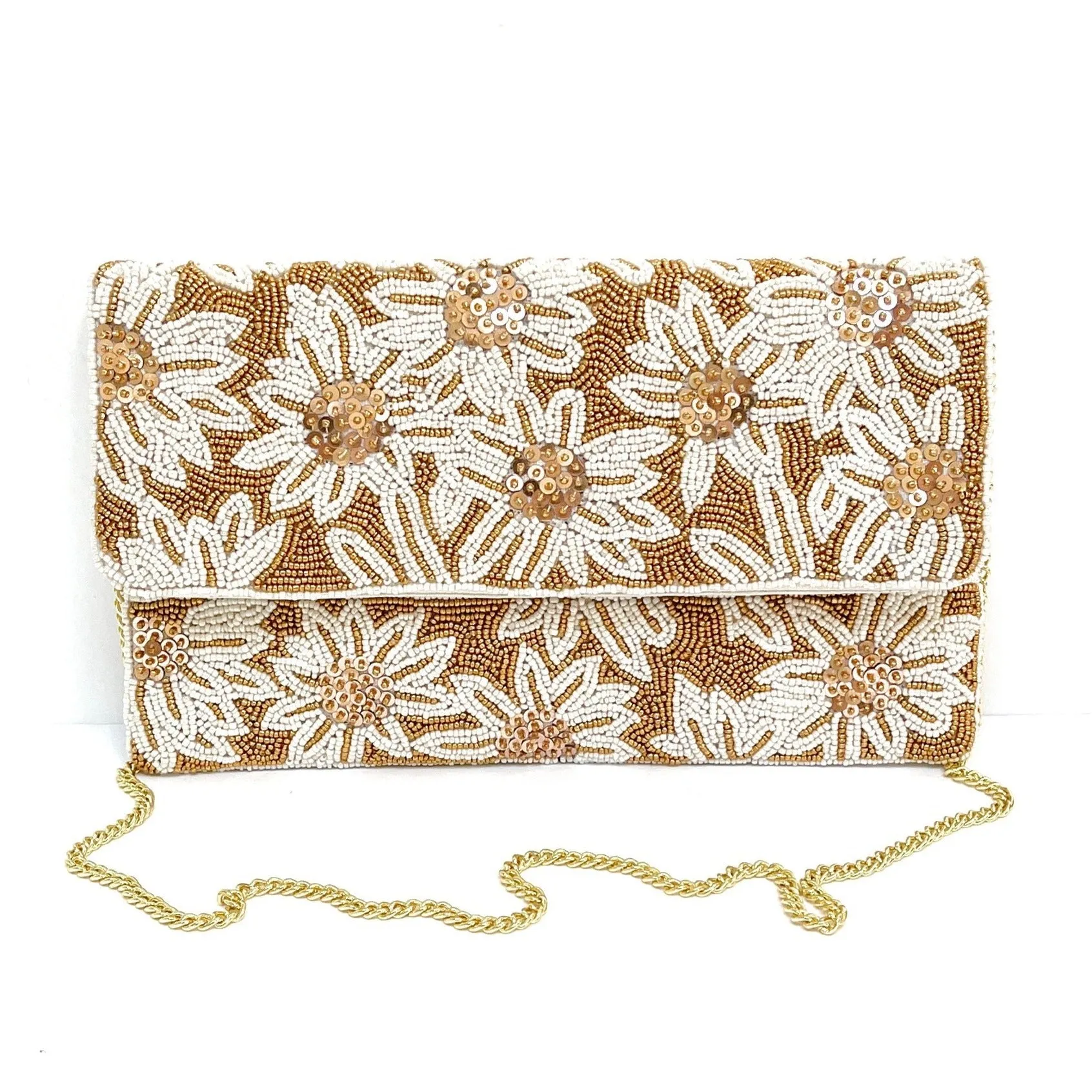 White Flowers Beaded Clutch Purse