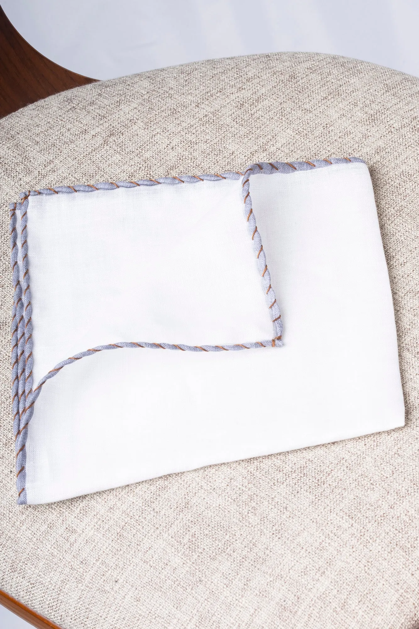 White linen pocket square with grey and cognac edges  - Made in Italy