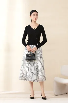 White Midi Skirts Flower Bird Pattern