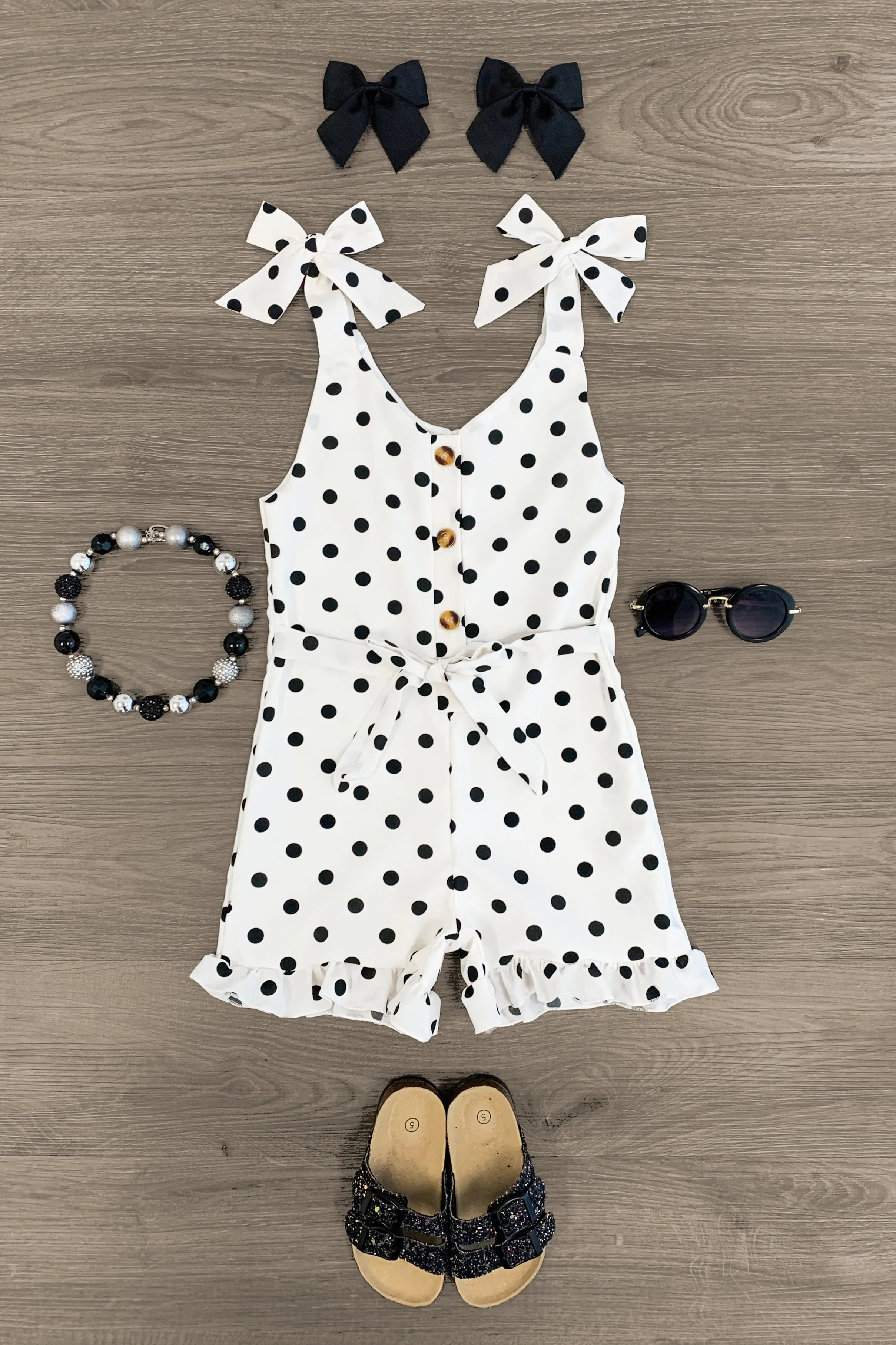 White Polka Dot Tie Shoulder Romper