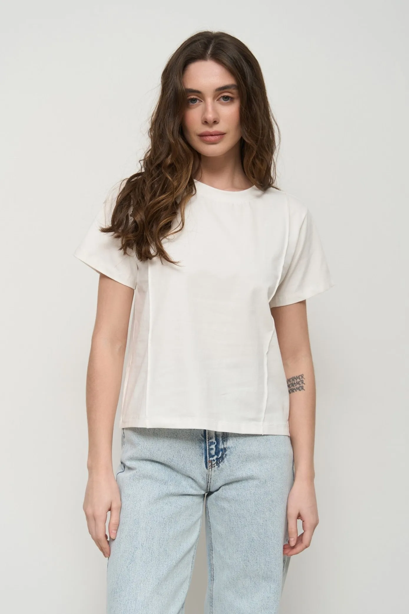 White Ribbed Seam Detail T-Shirt