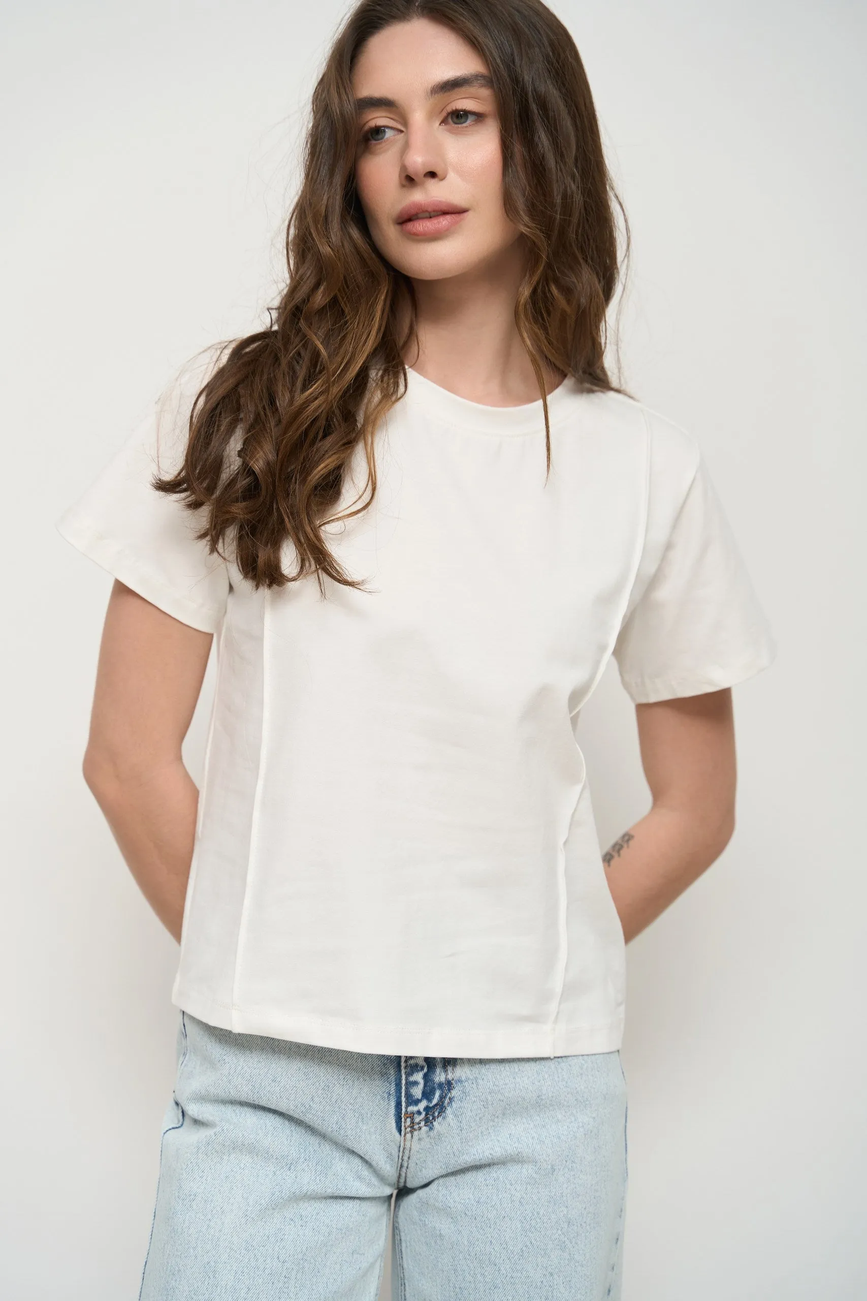 White Ribbed Seam Detail T-Shirt