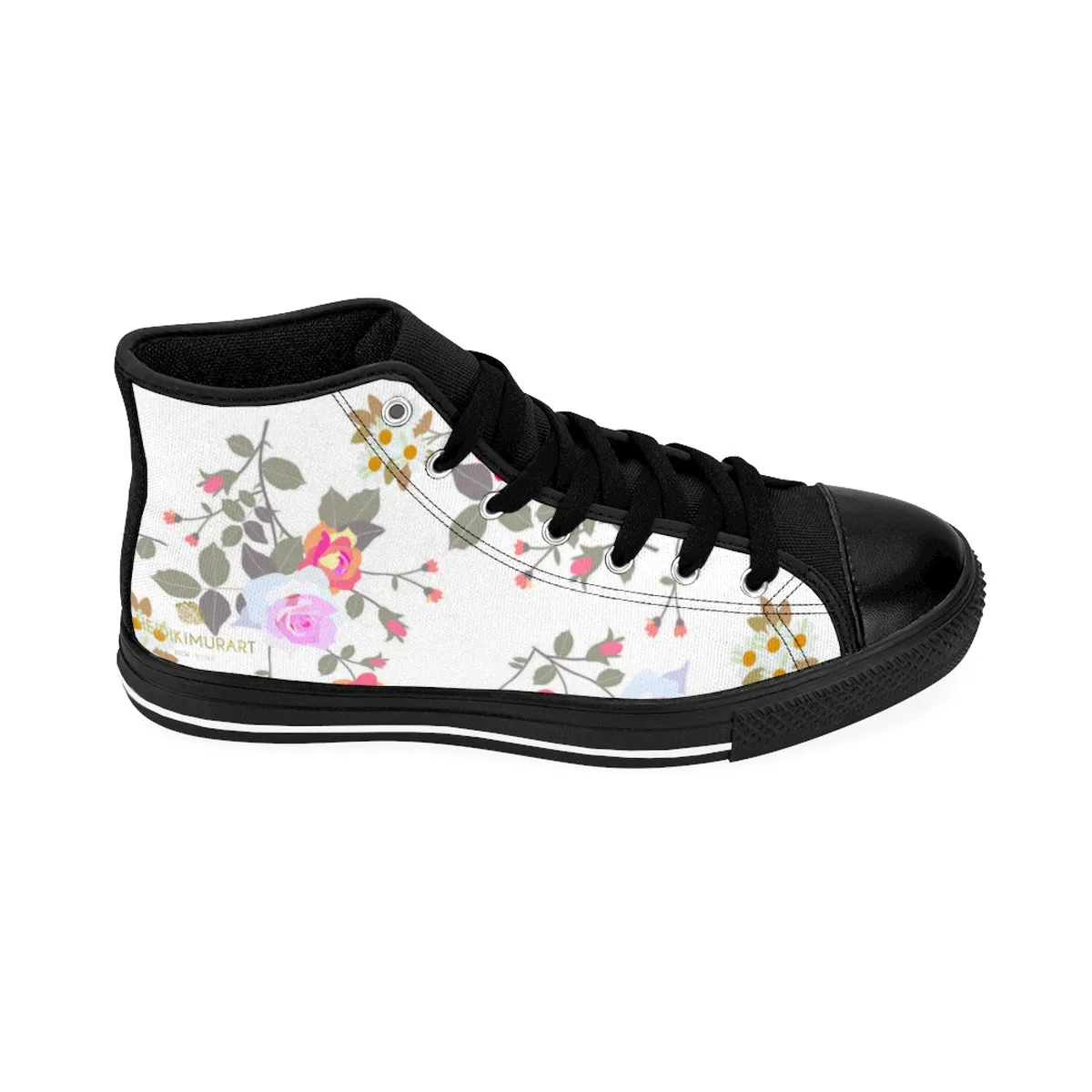 White Rose Women's Sneakers, Mixed Floral Print Designer High-top Fashion Running Shoes