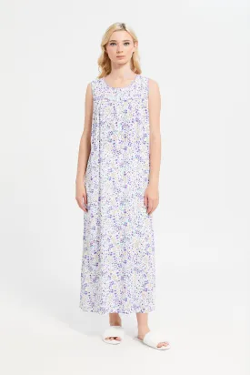 White Sleeveless Printed Nightgown