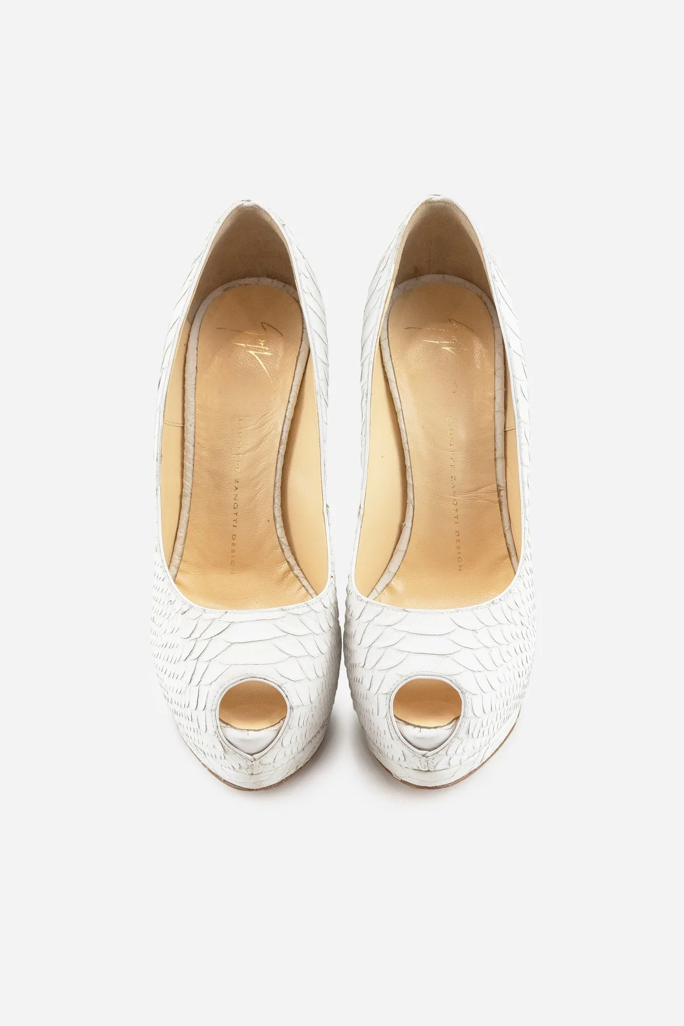 White Snake Embossed Leather Open-Toe Pumps