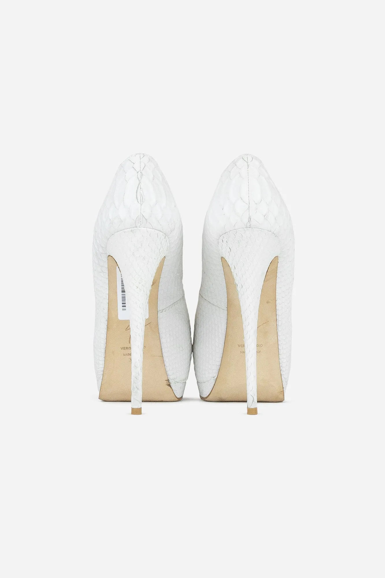 White Snake Embossed Leather Open-Toe Pumps