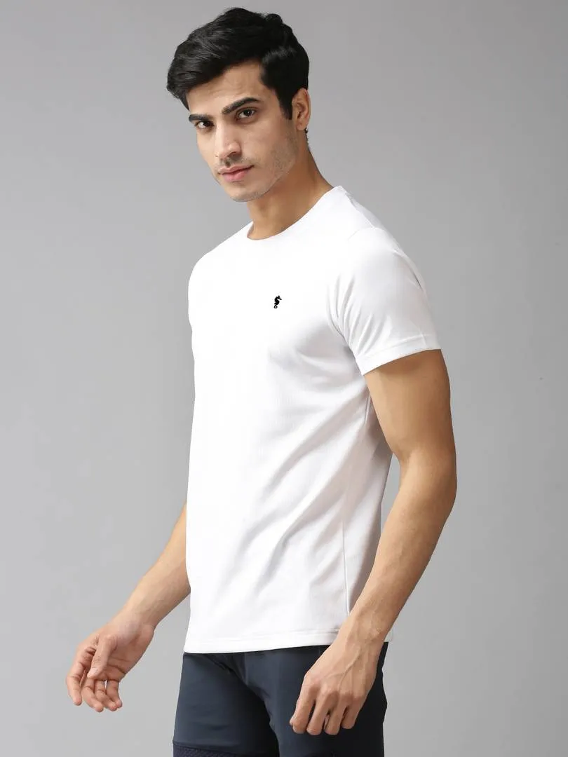 White Solid Polyester Round Neck Tees