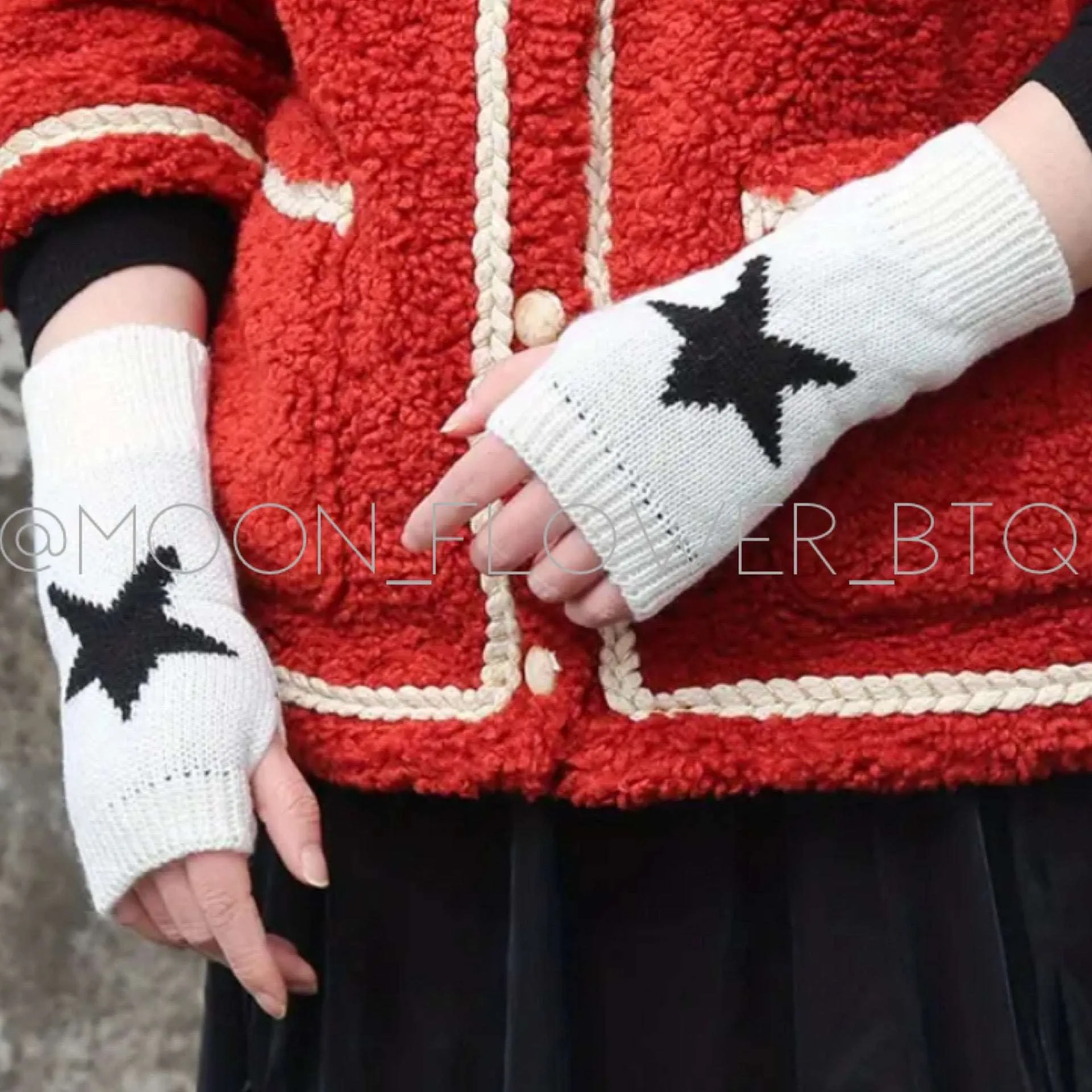 White Star Knit Fingerless Winter Gloves