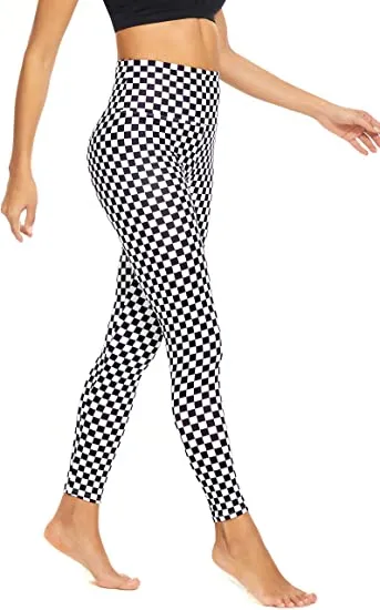 Wholesale High Waisted Black White Checkboard Leggings Soft Slim Tummy Control Printed Pants