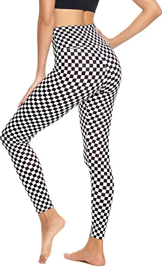 Wholesale High Waisted Black White Checkboard Leggings Soft Slim Tummy Control Printed Pants