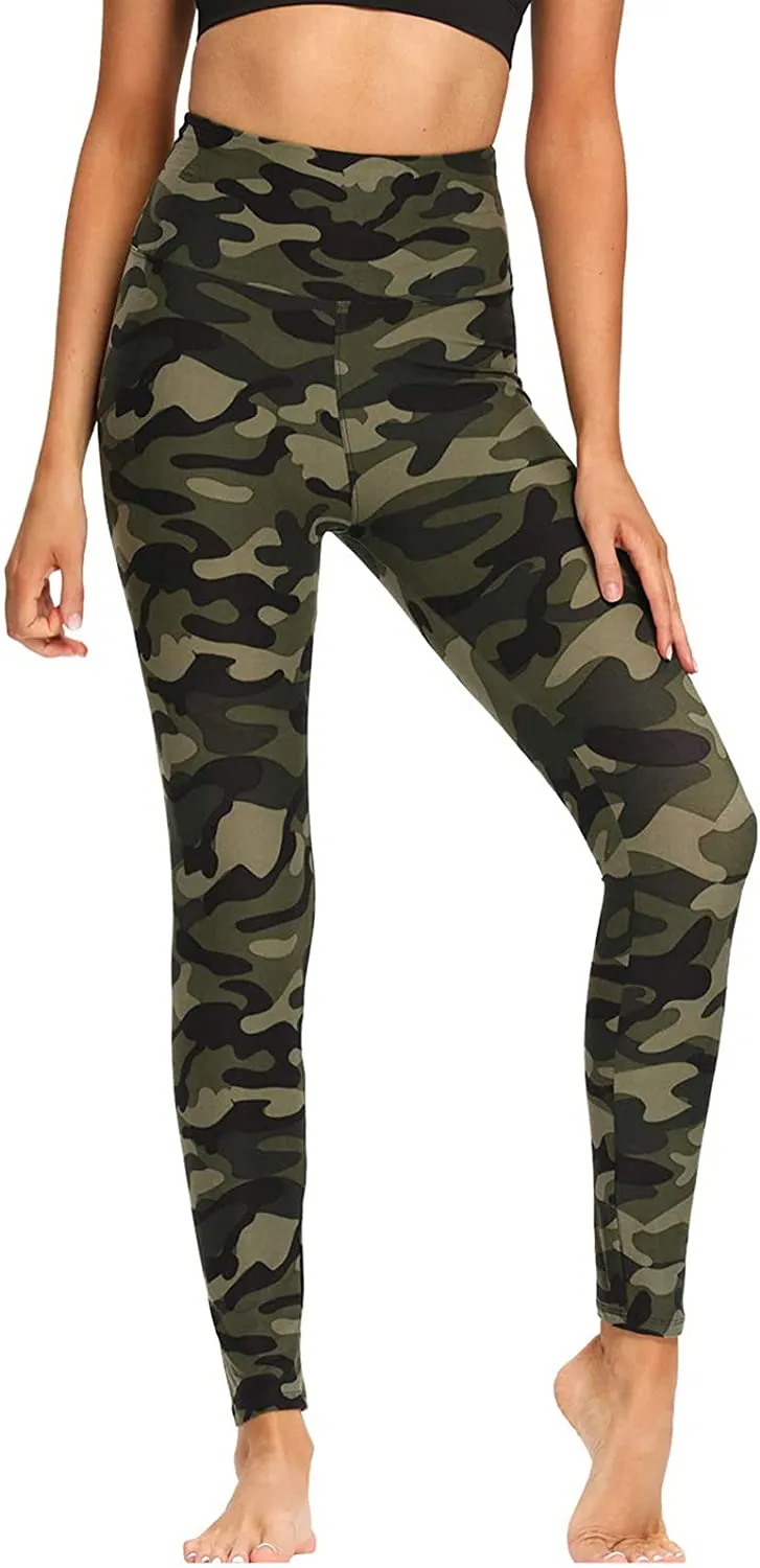 Wholesale High Waisted Green Camo Leggings Soft Slim Tummy Control Printed Pants