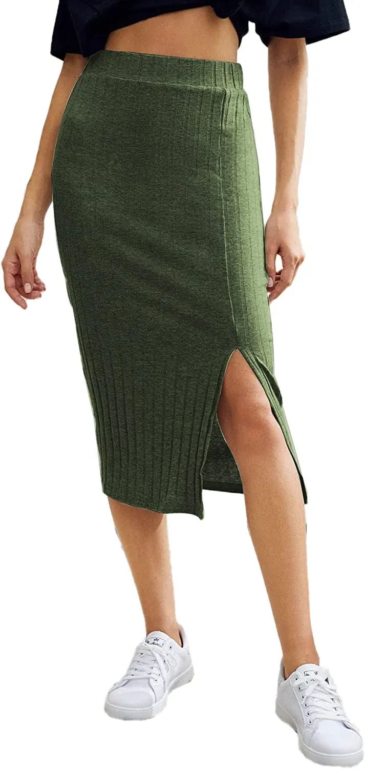 Wholesale Women's Basic Plain Ribbed Knit Split Stretchy Pencil Bodycon Midi Skirt