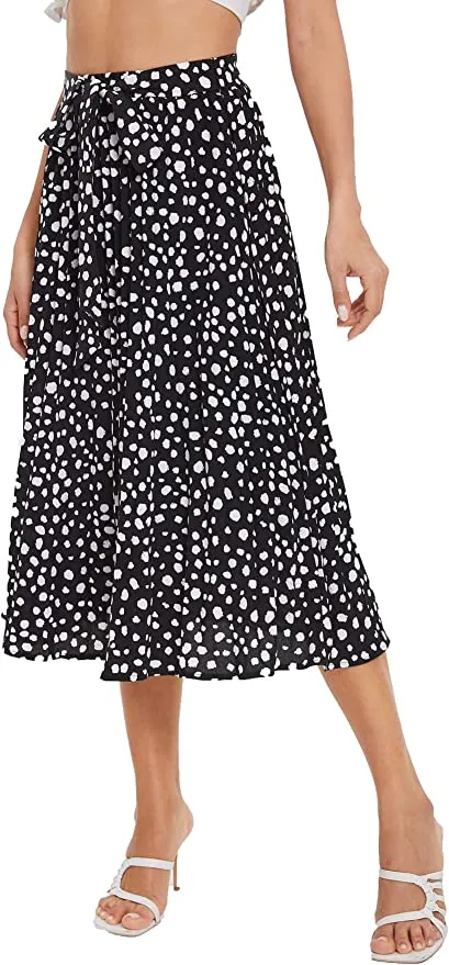 Wholesale Women's Floral Printed Elastic Waist A Line Pleated Ruffle Midi Skirt