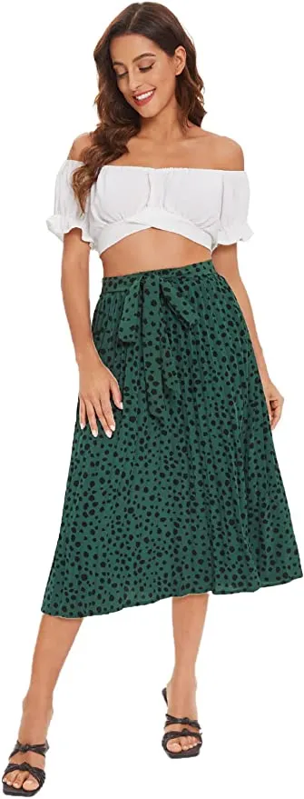 Wholesale Women's Floral Printed Elastic Waist A Line Pleated Ruffle Midi Skirt