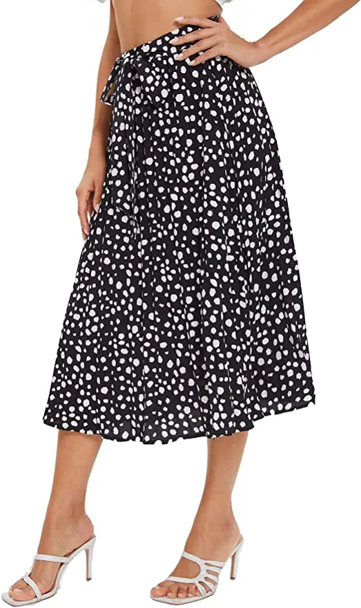 Wholesale Women's Floral Printed Elastic Waist A Line Pleated Ruffle Midi Skirt