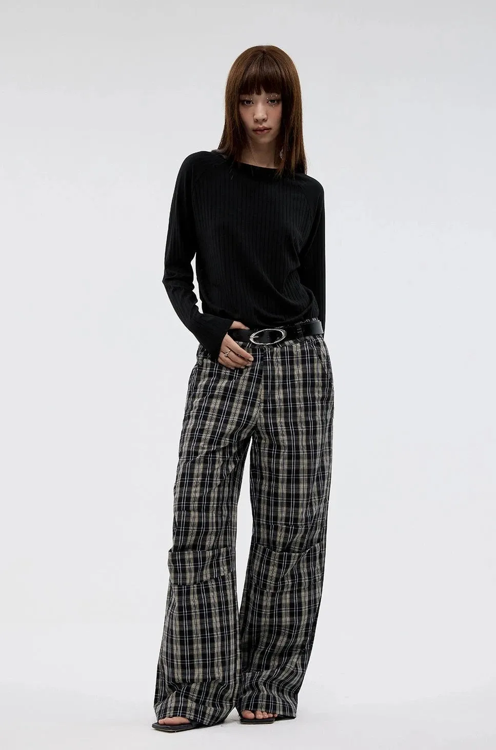 Wide Leg Pleated Plaid Trousers