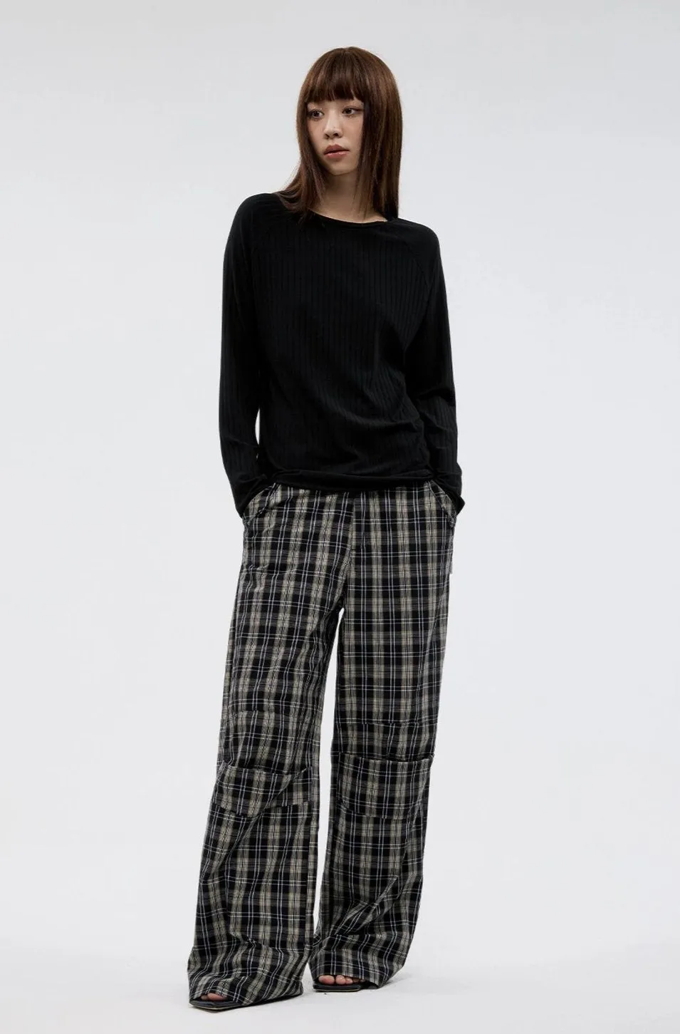 Wide Leg Pleated Plaid Trousers