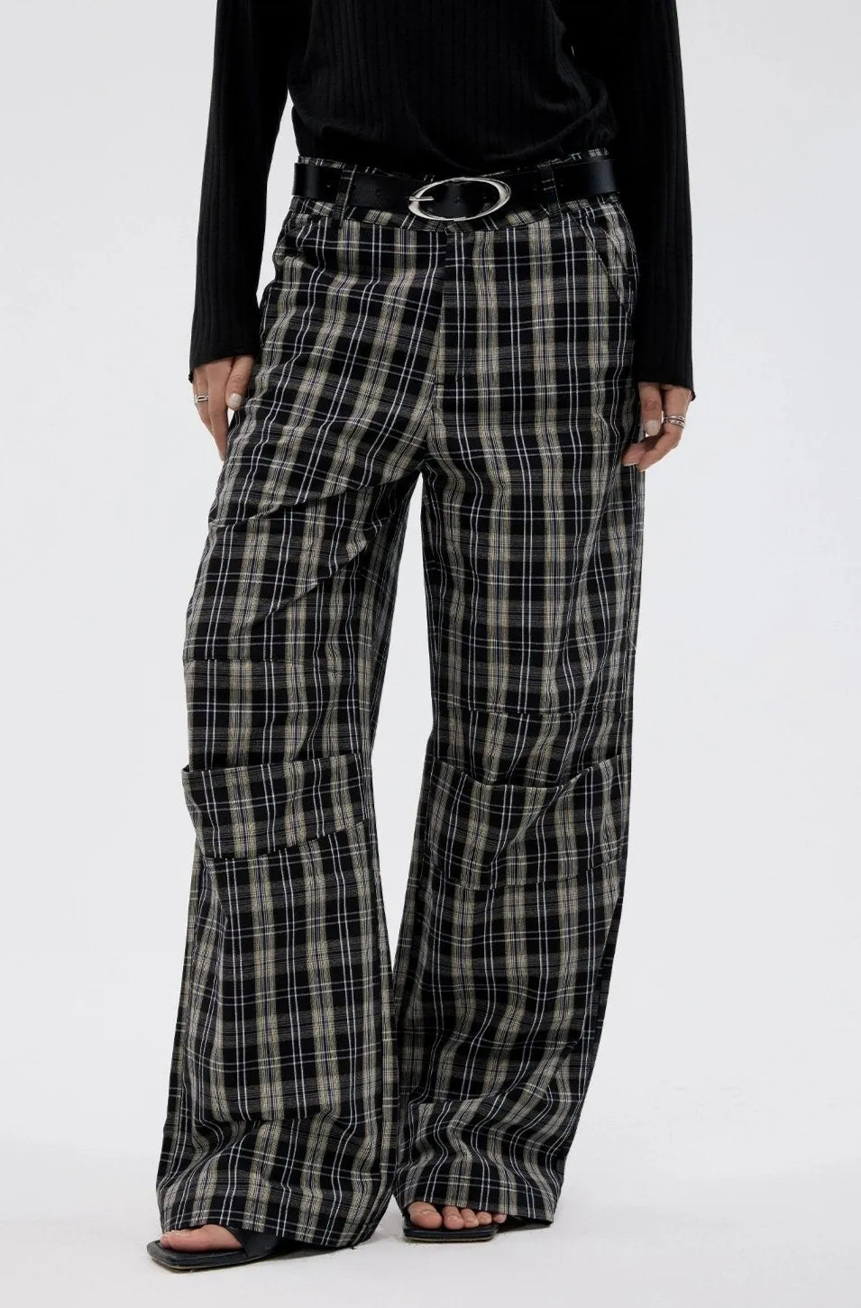 Wide Leg Pleated Plaid Trousers