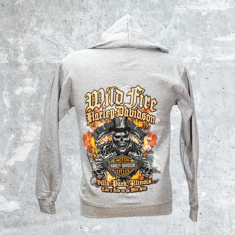 Wild Fire Harley Davidson-Gray Zip Up Hoodie with Skeleton and V-Twin Motor