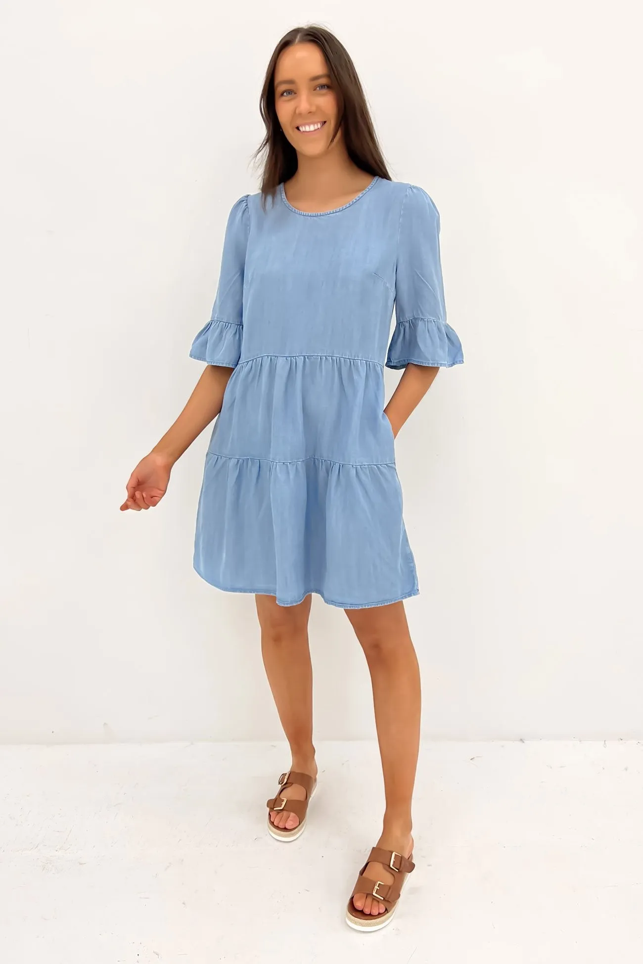 Willow Tiered Mini Dress Blue Wash