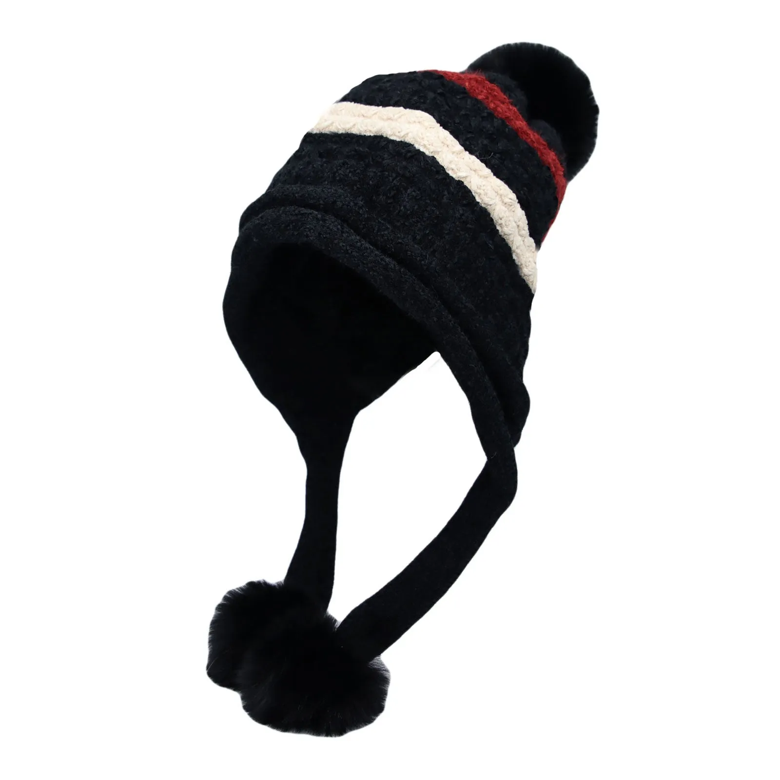 Winter Fleece Lining Soft Knit Beanie Hat Pom Earflaps YZ70080