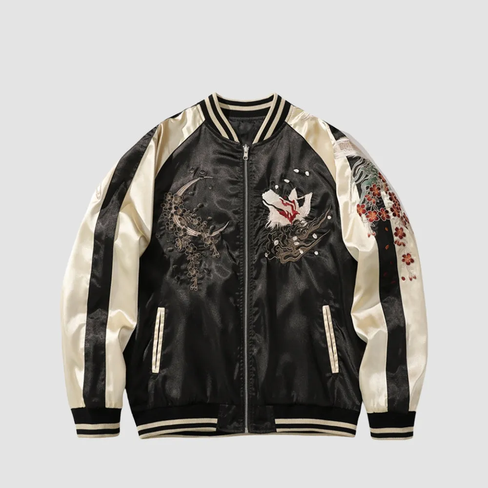 WLS Embroidered White Fox Baseball Zipper Jacket