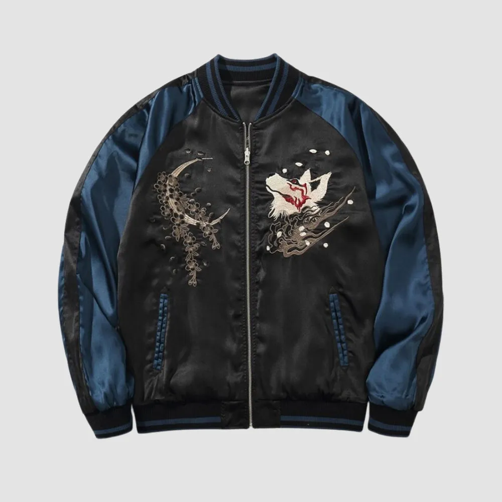 WLS Embroidered White Fox Baseball Zipper Jacket