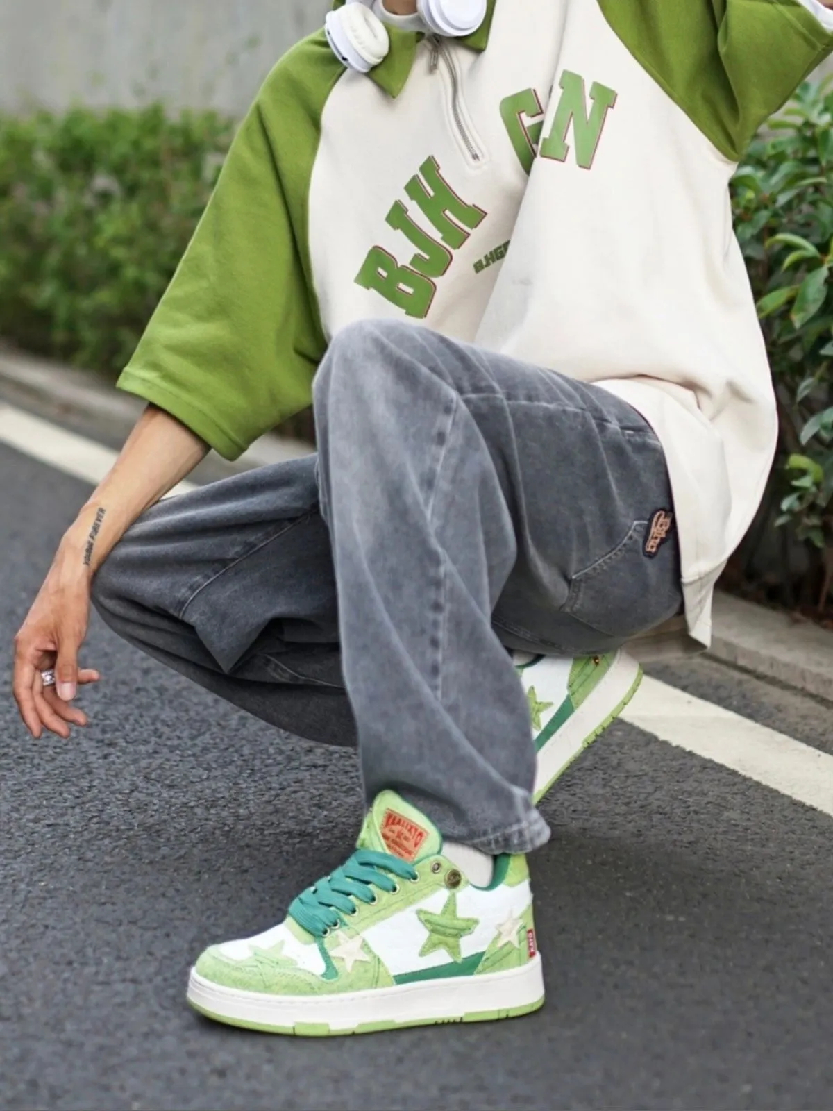 WLS Starry Glide Patchwork Avocado Green Star Skate Shoes