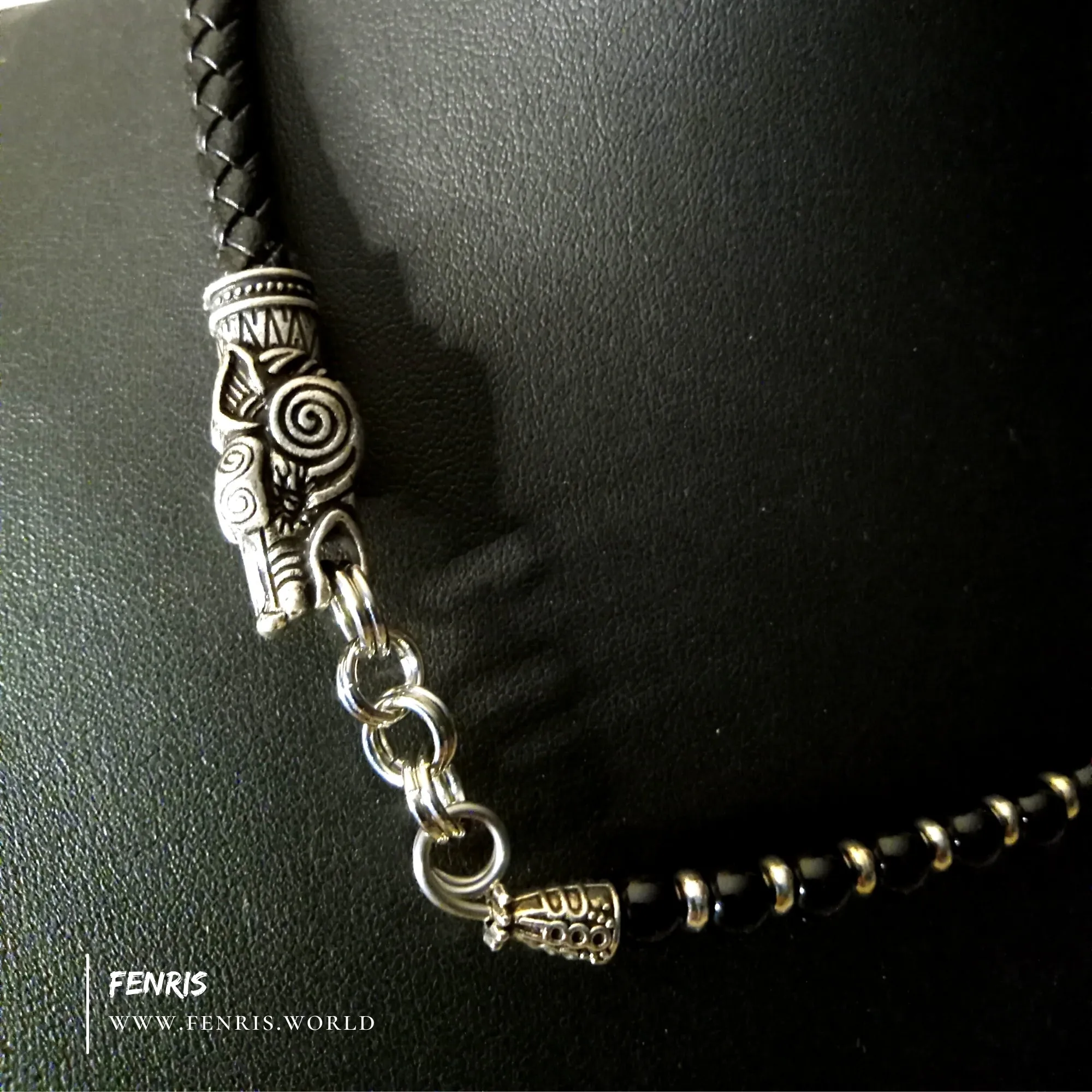 Wolf Choker Necklace Black Leather Silver Obsidian Norse Viking Style