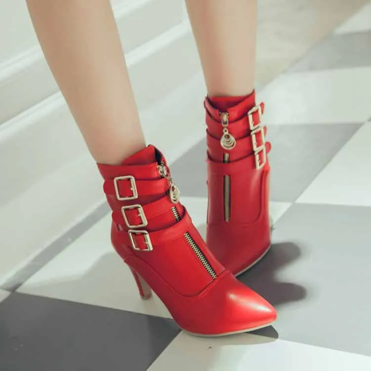 Women Ankle Boots Pointed Toe High Heel Booties With Zipper