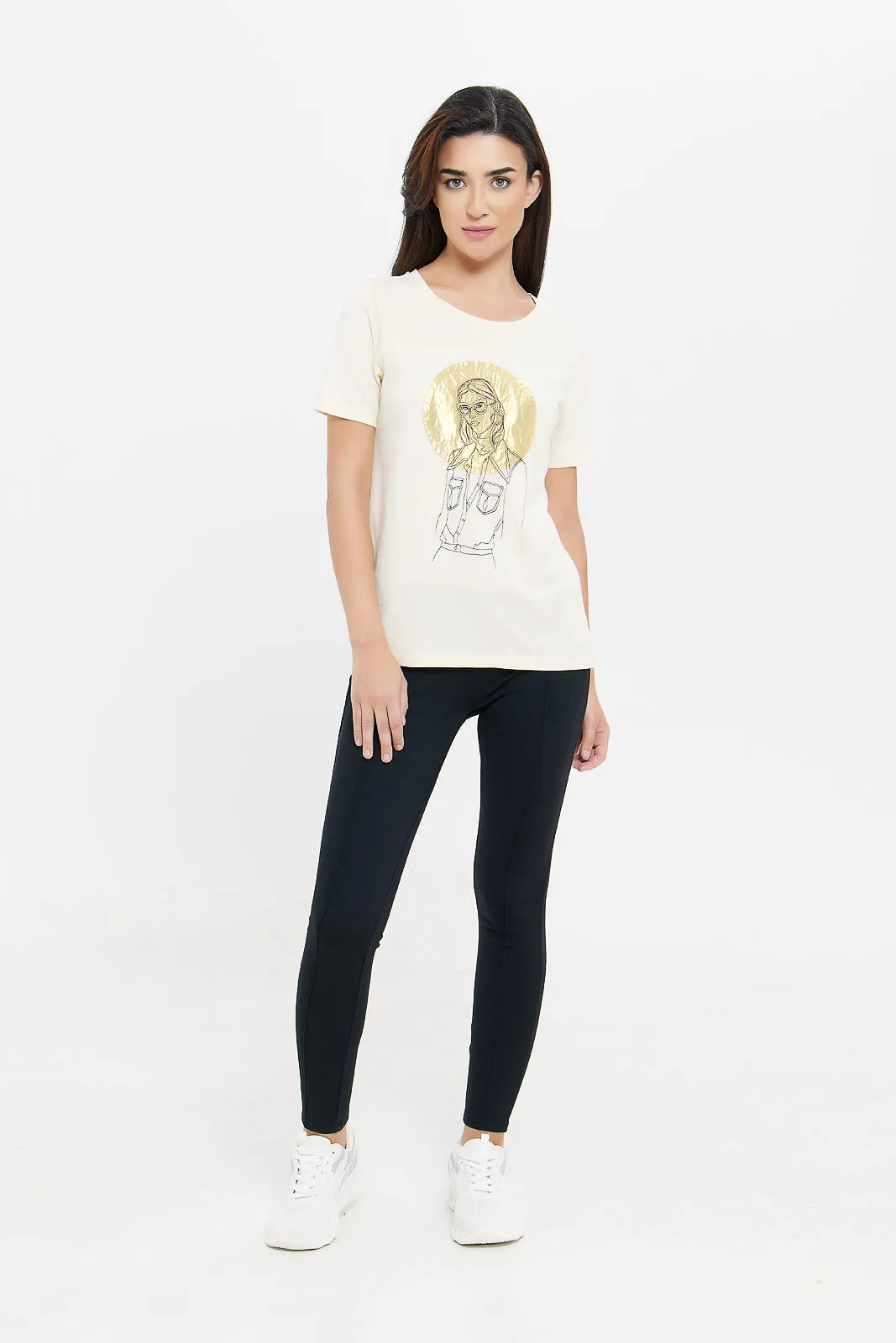 Women Beige Embellished T-Shirt