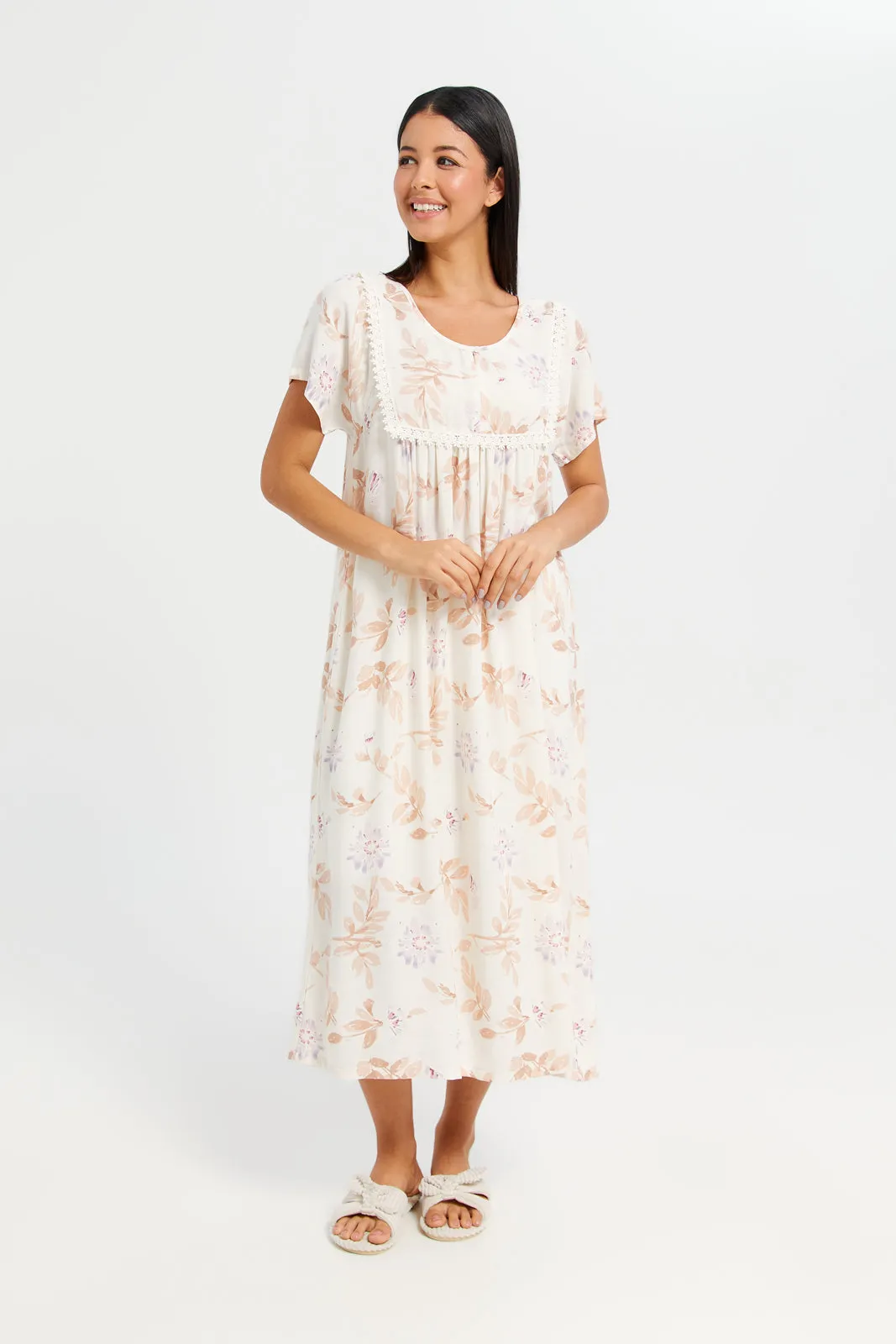 Women Beige Floral Printed Nightgown