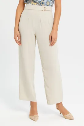 Women Beige Wide Leg Pleated Trousers